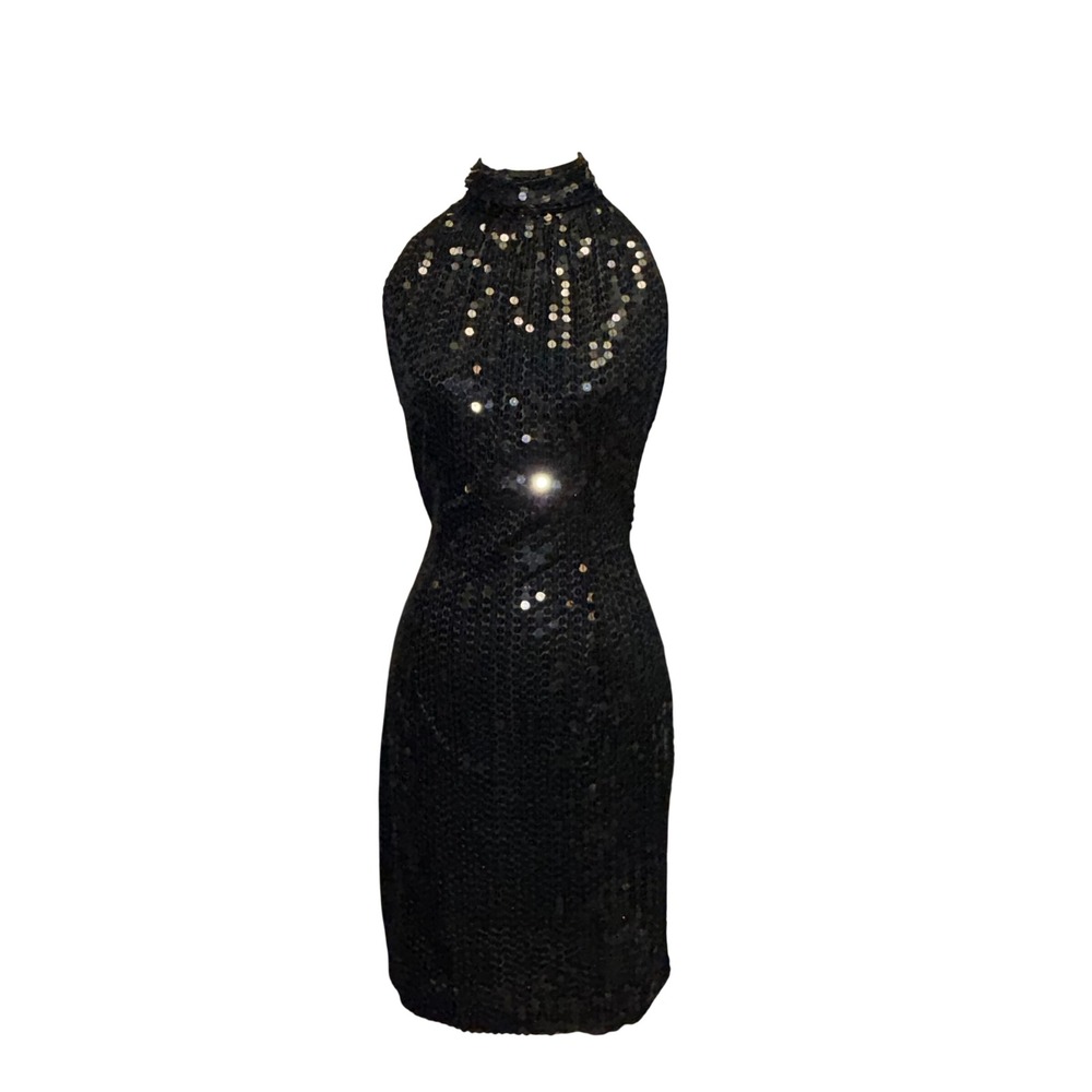 Vintage Caché Black Sequin Halter Mini Dress Open Keyhole Back 90s Y2K Bodycon S